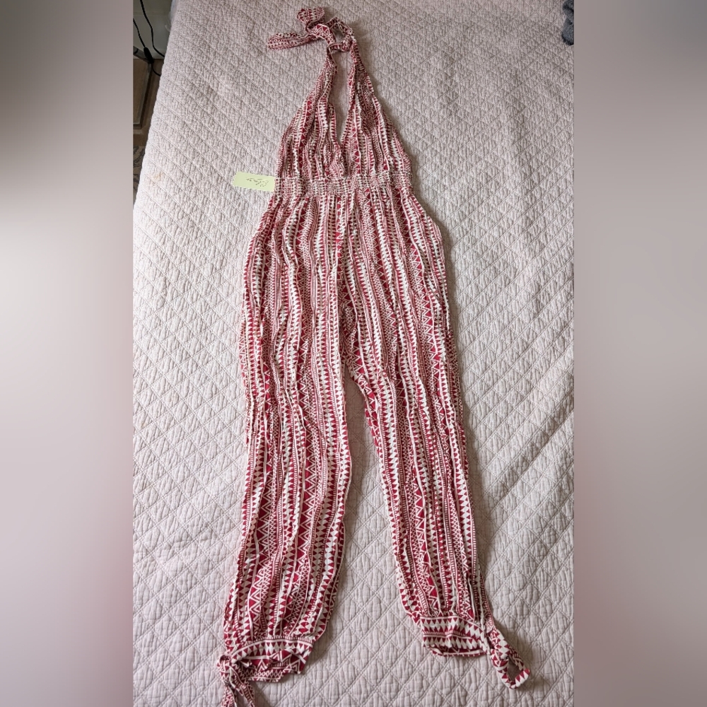 Red and White Patterned Jumpsuit